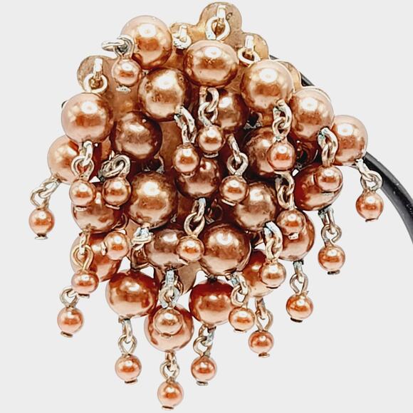 Vintage Brown Beaded Dangle Clip Earrings on Gold Tone Base - Picture 2 of 8